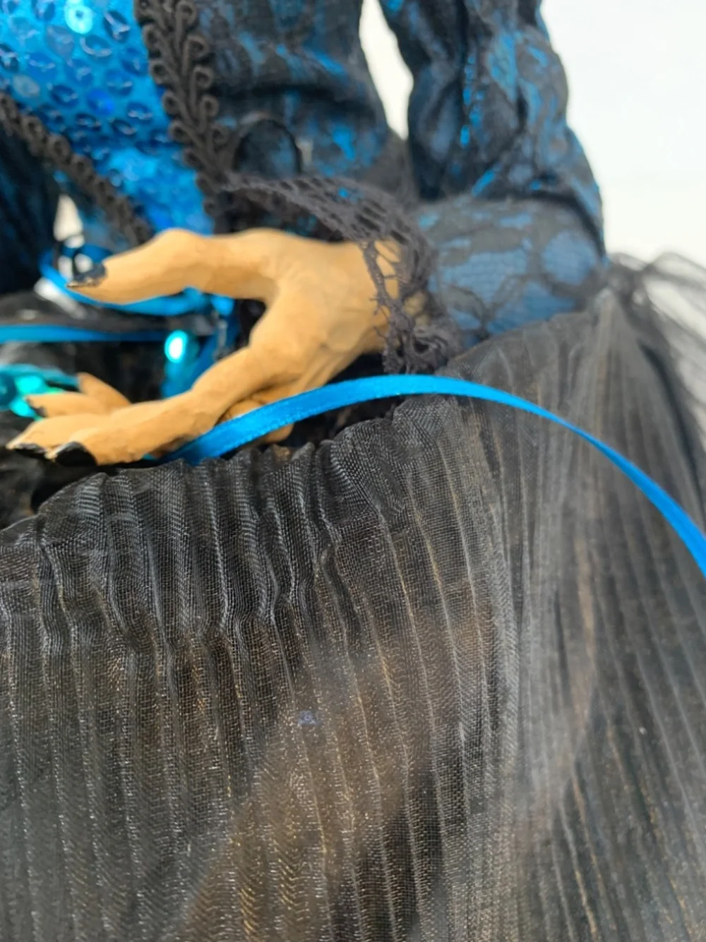 Spooky Old Witch With Broom Doll Shelf Sitter Blue Black Halloween Scary Decor
